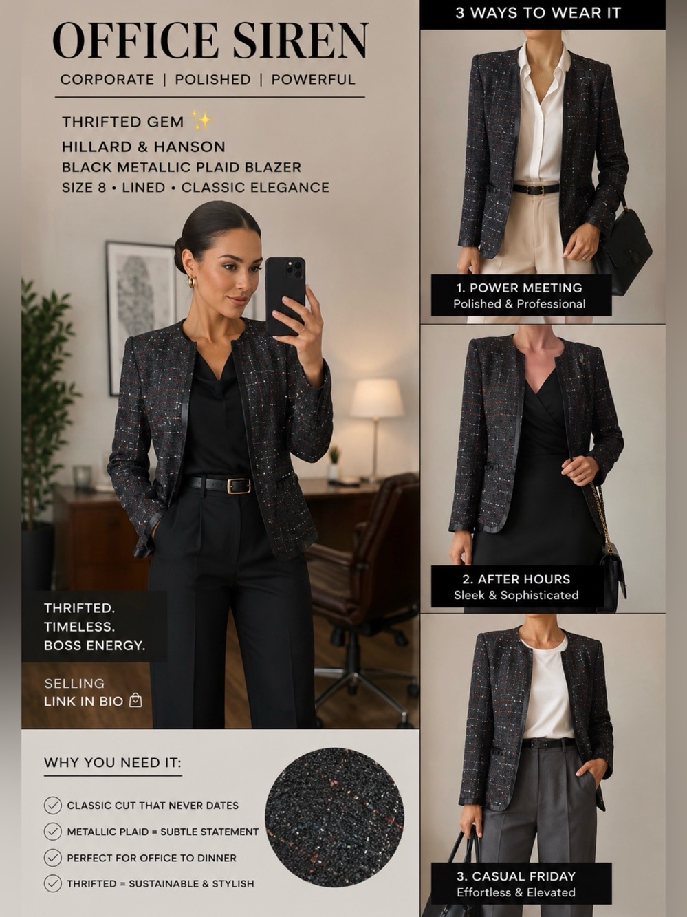 Hillard Hanson Sz 8 Open Front Black Metallic Plaid Blazer Lined Classic EUC